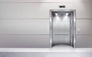 Realistic empty elevator hall interior with waiting lift marble floor ceiling window and grey walls vector illustration